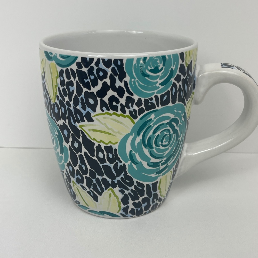 Lilly Pulitzer Mug OS Floral Leopard Teal Navy Animal Print Preppy Excellent